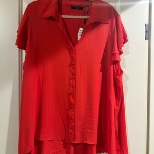 T Tahari Red Cold-Shoulder Button-Down Blouse